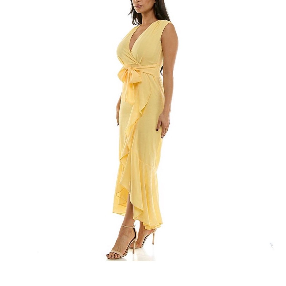 Sleeveless Yellow Wrap Ruffle Maxi Dress